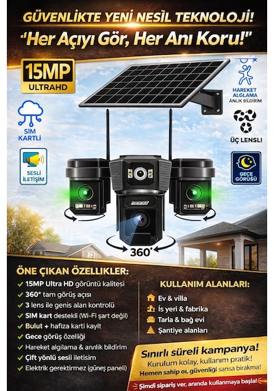 4g Solarpanelli 3 Kameralı Güvenlik Kamerası
