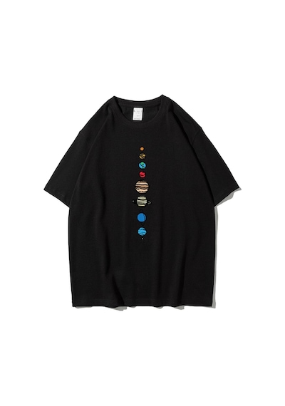 Flood Of Style Unisex Siyah 9 Gezegen Baskılı Oversize Bisiklet Yaka Tshirt