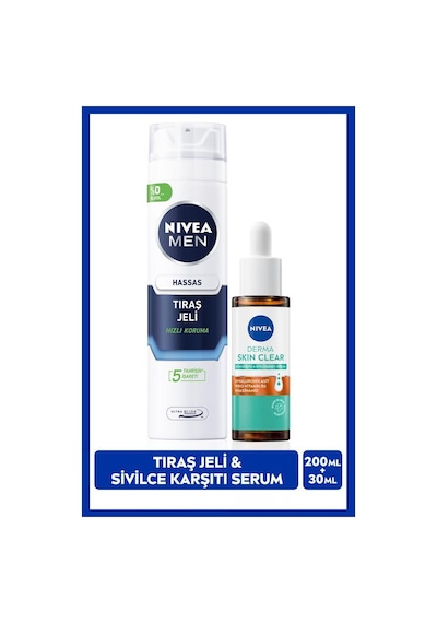 Men Erkek Hassas Tıraş Jeli 200ml Ve Derma Skin Clear Sivilce Karşıtı Serum 30ml, Cilt Bakım Seti