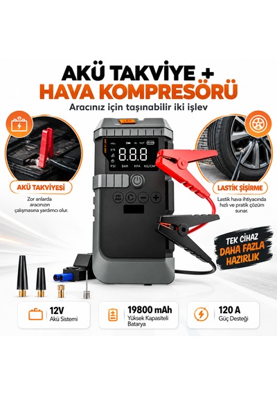 19800 Mah 12v Akü Takviye Cihazı Jump Starter Hava Kompresörlü