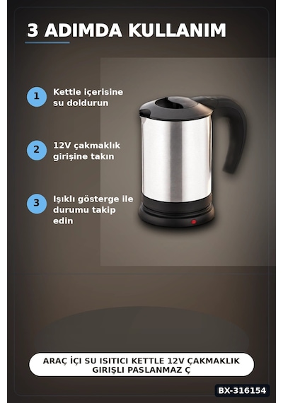 Araç İçi Su Isıtıcı Kettle 12v Çakmaklık Girişli Paslanmaz Çelik Termos Bx-316154
