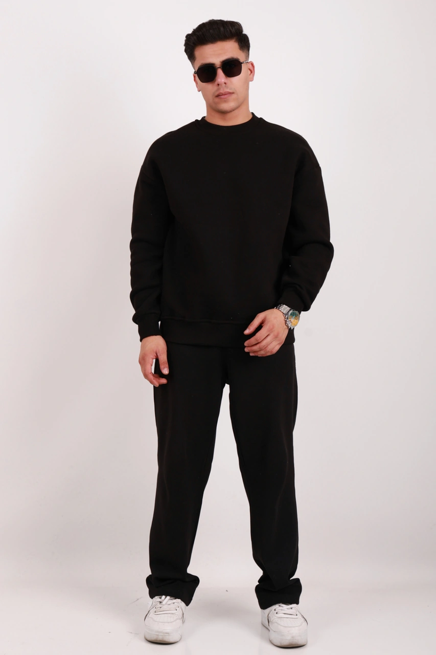 Erkek Standart Fit Bol Kesim %100 Pamuklu Içi Şardonlu 3 Iplik Bisiklet Yaka Sweatshirt Siyah