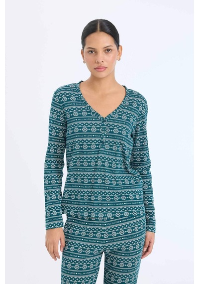 DeFacto Fall in Love Pijama Takımı Waffle Kumaş Uzun Kollu Üst Esnek Belli Uzun Alt D2284AX24WNGN1040 Yeşil