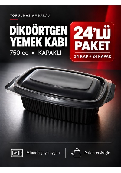 Yorulmaz Ambalaj 750 Cc Kapaklı Dikdörtgen Yemek Kabı 24 Lü Mikrodalgaya Uygun Siyah Paket Servis Kabı