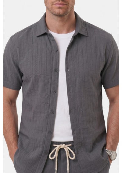 Deep Sea Deepsea Füme Slim Fit Çizgi Dokulu Keten Görünümlü Kısa Kol Erkek Spor Gömlek 2602648
