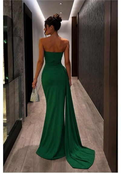 Lior Design Kadın Minimal Dik Yaka Payetli Maxi Uzun Kollu Abiye Elbise Zümrüt