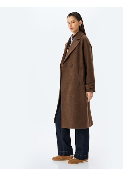 Koton Kruvaze Düğmeli Uzun Oversize Kaşe Kaban Kahverengi 5wak00385ew Kahverengi