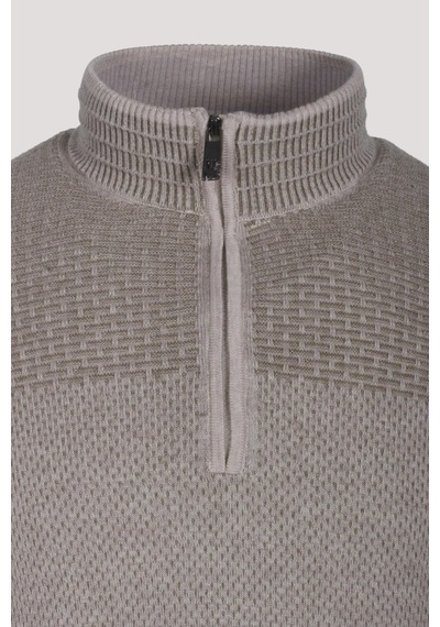 Erkek Triko Yarım Fermuarlı Bej Slim Fit Desenli Pamuklu Knitwear Ncs Jeans 3709 Bej