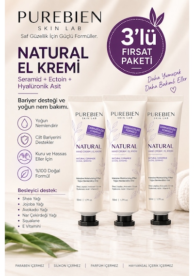 Purebien Skin Lab Natural El Kremi 3'lü Avantaj Paketi 3 X 50 Ml Seramid, Ectoin Ve Hyalüronik Asit İçeren Yoğun Nem Bakımı