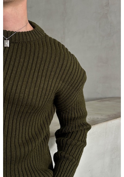 Erkek Fitilli Örme Oversize Kazak Haki