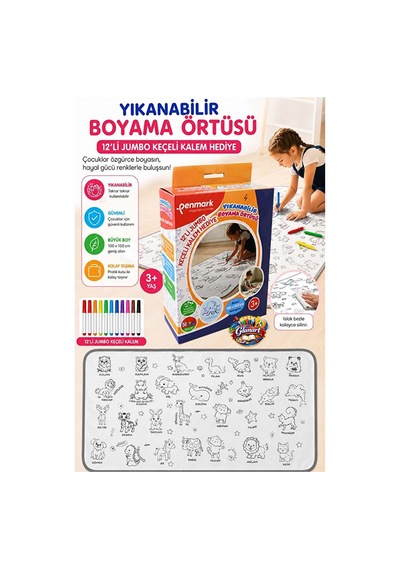 Yıkanabilir Boyama Örtüsü Sevimli Hayvanlar 100x15 Cm 1 Paket 12 Renk Jumbo Keçeli Kalem Penmark