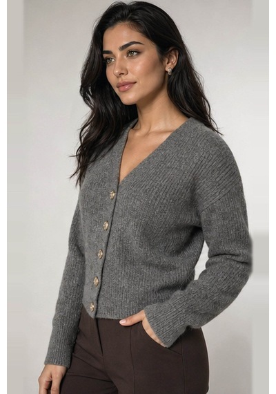 Fashion Friends V Yaka Düğmeli Antrasit Kadın Hırka 26k0234k1
