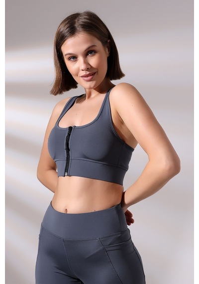 EMFURE Füme Fermuarlı Spor Büstiyer - Sports Bra / Crop Destekli Spor Sütyeni Füme