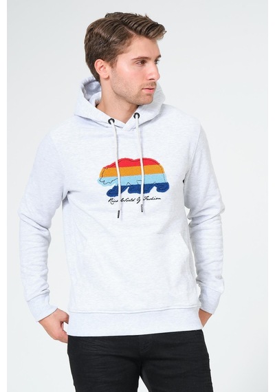 Süzene Nakış Ayı Baskılı Kapüşonlu Gri Sweatshirt Polarlı Çok Renkli
