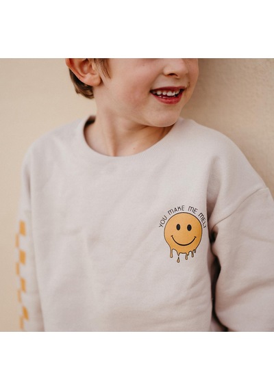 Antebies Bej Sarı Smiley Baskılı Uzun Kollu Manşetli Erkek Çocuk Sweatshirt Krem