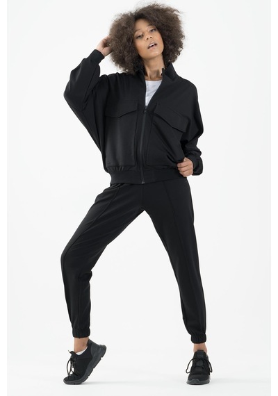 Maraton Sportswear Oversize Kadın Dik Yaka Uzun Kol Basic Siyah Tracktop 22176-siyah Siyah