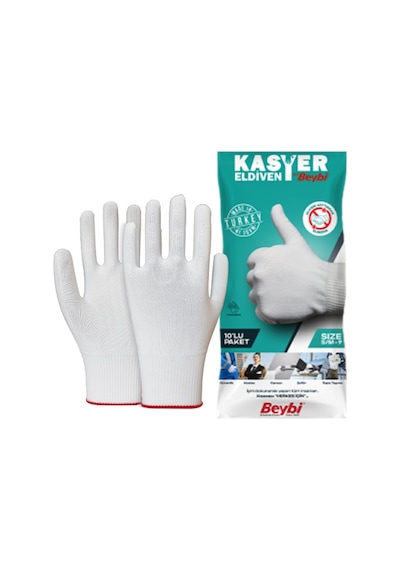 Beybi Polyester Örgülü Kasiyer Eldiven Beyaz 10'lu Paket