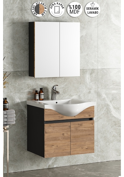 Yıldız 65 Cm Antrasit Gri Mat-Atlantik Çam Mdf Seramik Lavabolu A Antrasit - Atlantik Çam