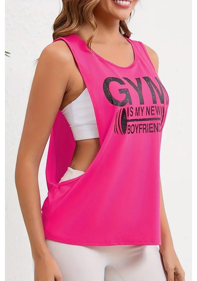 Ghassy Co. Kadın Gym Baskılı Nefes Alabilen Fitness Yoga Koşu Kolsuz Spor Atlet Fuşya