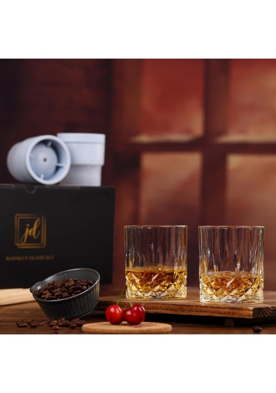 Viski Kayaları Bardak Seti Hediye Kutusunda - 2 Kristal Bourbon Bardağı Ve 2 Büyük Buz Topu Kalıbı İçerir - 10