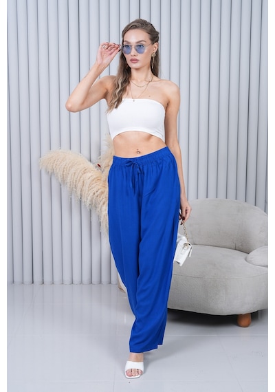 Polologin Butik Beli Bağcıklı Yüksek Bel Bol Paça Koyu Mavi Pantolon Lacivert