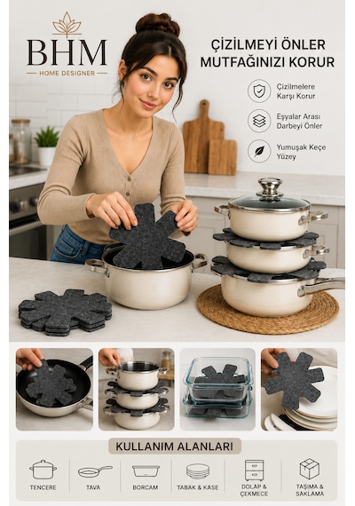 Kalın Keçe Tencere Tava Borcam Koruyucu 6'lı Set 30x30 Cm Çizdirmez Tencere Arası Ayırıcı Mutfak Düzenleyici Siyah