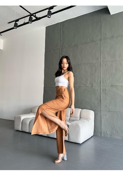 Eke Tekstil Kadın Camel Keten Paçaları Yırtmaçlı Pantolon-camel Camel