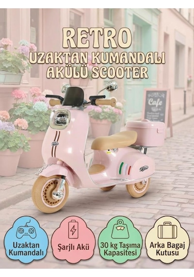 Vespera Pierro Uzaktan Kumandalı 6v Pembe Led Işıklı Arka Sepetli Çocuk Akülü Motor/scooter 3-6 Yaş