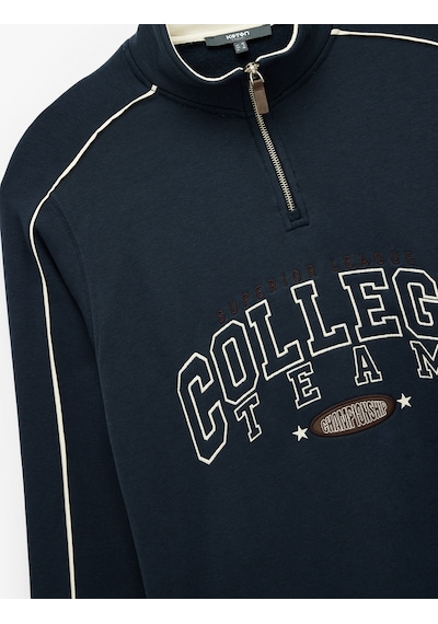 Koton Uzun Kollu Kolej Nakışlı Renk Kontrastlı Şardonlu Yarım Fermuarlı Sweatshirt Lacivert 6wam70052mk Lacivert