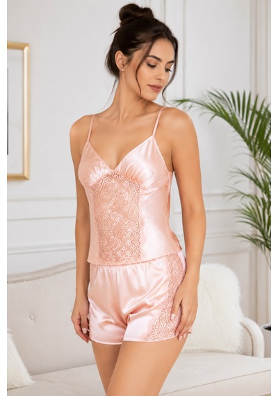 Loule Kadın Pudra İnce Askılı Dantel Şortlu Saten Pijama Takımı