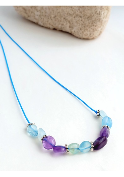 Keskin Gümüş Ametis Aquamarine Doğal Taşlı Mavi Çakra Choker Gümüş Kadın Kolye