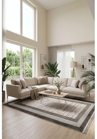 Saten Halı Modern Kaymaz Tabanlı Yıkanabilir Salon Oturma Odası Halısı Baklava Çizgi Desen Gri