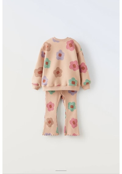Noble Kids Kız Çocuk Çiçek Desenli Şardonlu Sweatshirt Ve Tayt Takım Somon