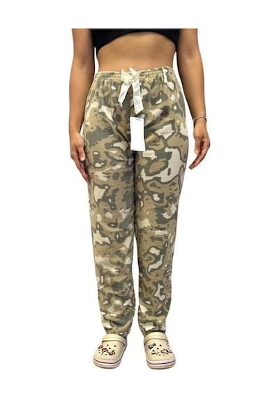 Mihra Kadın Desenli Yumuşak Polar Kışlık Pijama Eşofman Tek Alt Haki