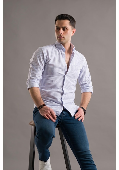 Evrytime Slimfit Yaka Düğmeli Çizgili Uzun Kol Yazlık Erkek Gömlek 001
