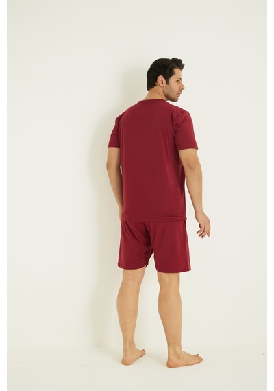 Siyah İnci Kısa Kollu Örme Nakışlı Erkek Şort-pijama Takım 7820 Bordo