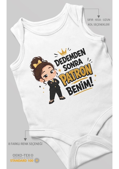 Morivokids Dedemden Sonra Patron Benim Sıfır Kollu Bebek Zıbını %100 Pamuk Beyaz