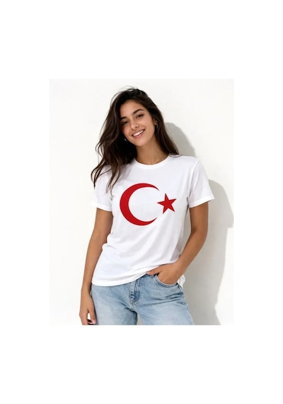 T-shirt Kısa Kol Bisiklet Yaka Ay Yıldız Bayrak Baskılı Tişört - Beyaz