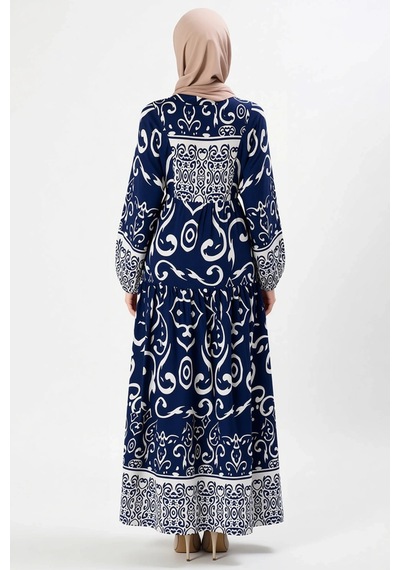 Benerly Kadın Maxi Viskon Dokuma Elbise Hakim Yaka Reglan Kol Etnik Desen Indigo