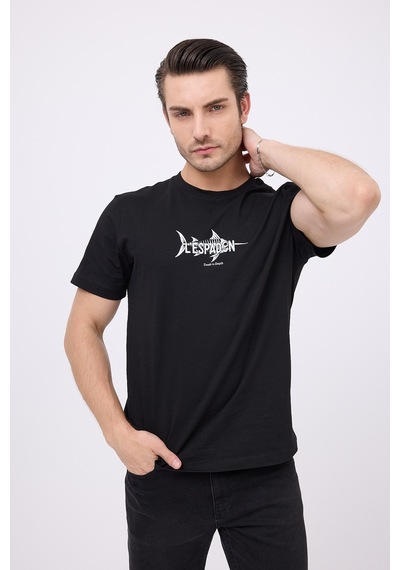 Marıne Tee Deniz Temalı Ribana Bisiklet Yaka Pamuk T-shirt-3136 SIYAH