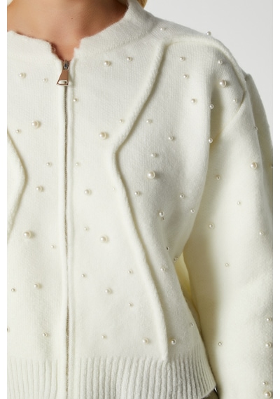 Ritnice Pearl Mont Görünümlü İnci Zımbalı Ekru Hırka Ekru