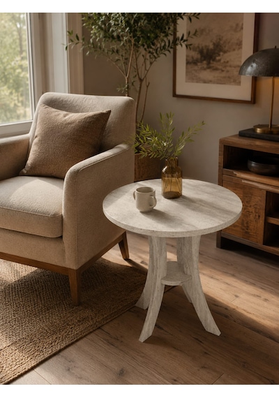 Fiskos Traverten Desen Mdf Ayak Yan Sehpa 50 Cm Çap - 60 Cm Yükseklik Modern Zigon Yan Sehpa Traverten Kumtaşı - Traverten