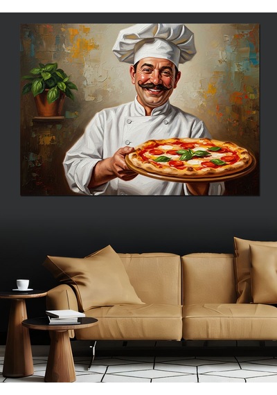 Ahşap Tablo Pizza Tepsisi Tutan Gülümseyen Şef Yiyecek Ve İçecek Tabloları