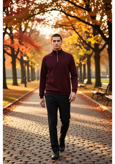 Benerly Erkek Dik Yaka Fermuarlı Standart Kol Regular Kalıp Sweatshirt Fo Bordo