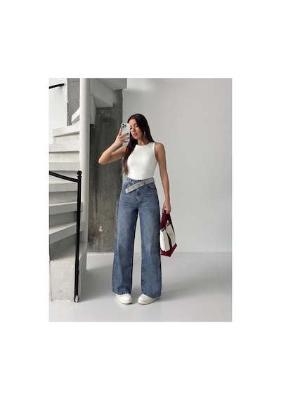 Bluemarlin Kemer Dilli Taş Detaylı Tint İşlemli Straight Jeans Pantolon Tint İşlemli