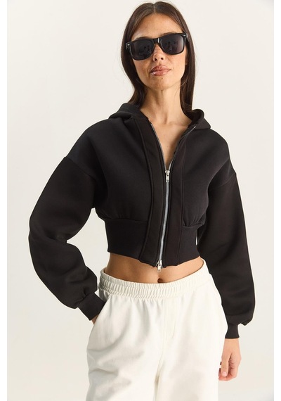 Shade Kadın Fermuarlı Kapüşonlu Belden Oturmalı Esnek Örme Crop Sweatshirt 60283858 - Siyah