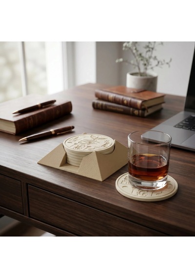 Riti Design Antik Mısır Temalı 3d Baskı 5'li Bardak Altlığı Seti + Piramit Stand