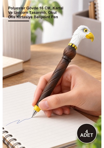 4 Adet Tükenmez Kalem Polyester Gövde 16 Cm, Kartal Ve Unicorn Tasarımlı, Okul Ofis Kırtasiye Ballpoint Pen 1