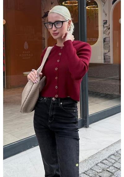 Madmext Bordo Çıt Kapamalı Triko Kadın Hırka Mg2579 Bordo