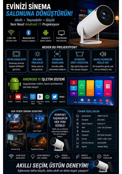 Taşınabilir Sinema Projektörü Bluetooth Android 11 Akıllı Projeksiyon Wifi Beyaz